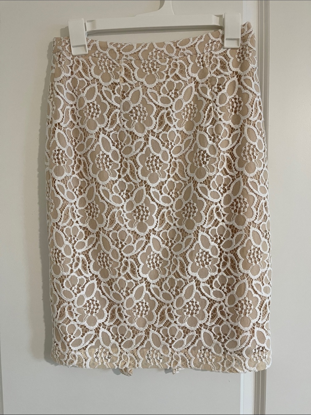New York & Company Beige Pencil Skirt with White Lace Overlay